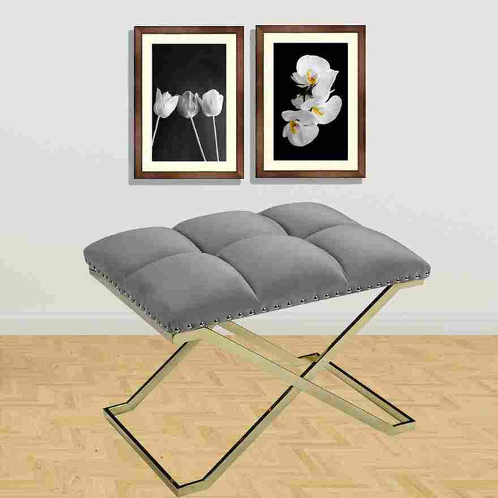 Peregrine Accent Bench With X-Shaped Stainless Steel Base In Gold Finish - Grey