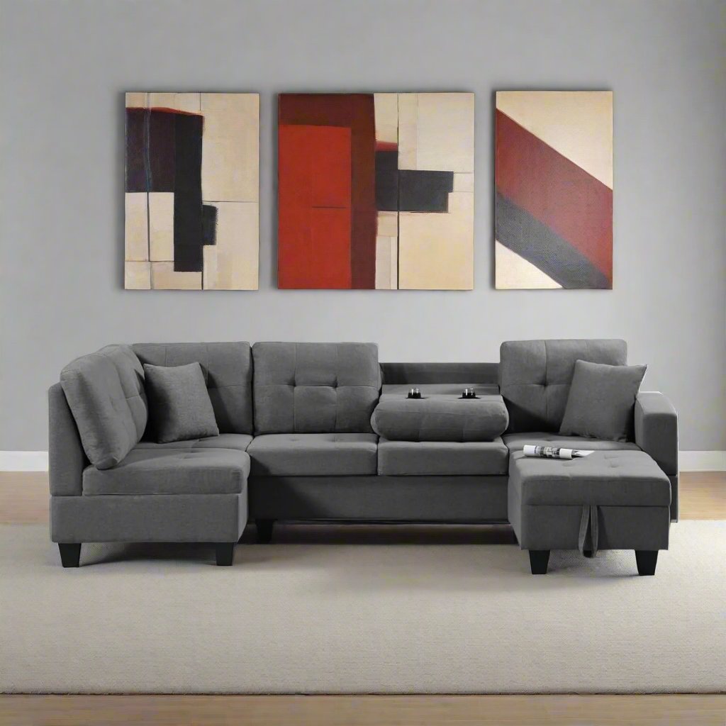 Haven Sectional Sofa With Storage Ottoman, Pull-Out Tray & Cup Holder - Grey
