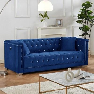 3Pc Royce Deep Tufted Nailhead Sofa in Blue Velvet and Chrome Legs