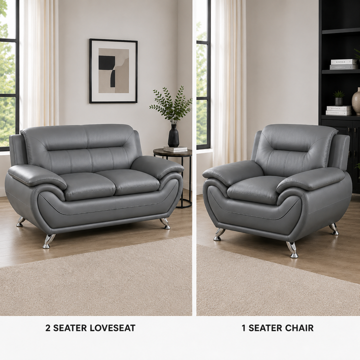 Gilan 3-Piece Sofa Set In Faux Leather Upholstery - Grey