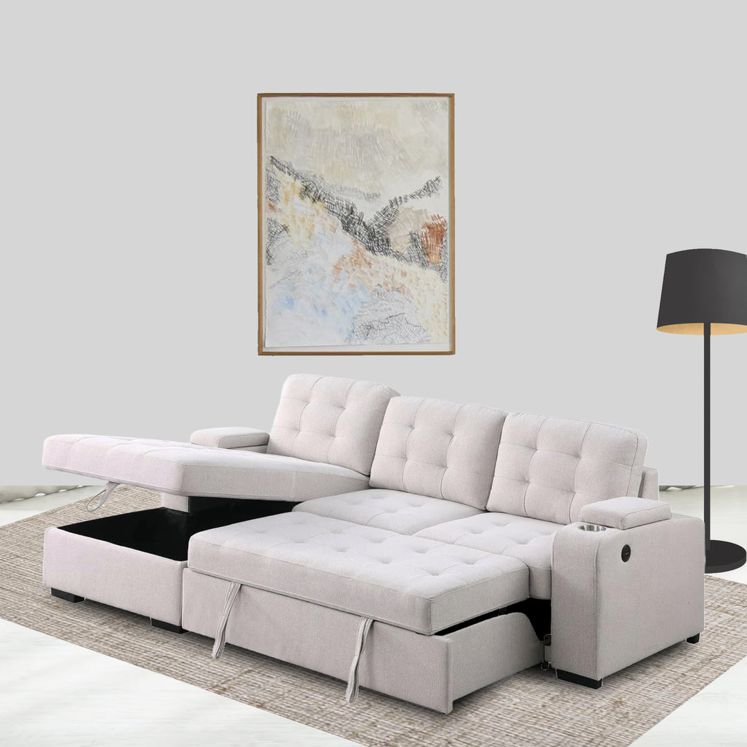 Lennox Beige Sectional Sleeper - Plush Fabric, Pull-out Bed, LHS Storage Chaise, USB Ports