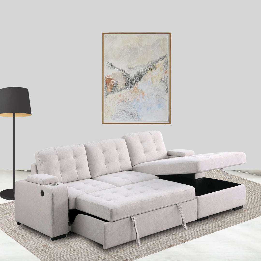 Lennox Sectional Sleeper Bed -RHS Storage Chaise, Elegant Beige, Contemporary Design with Pull-Out Bed & USB Charging