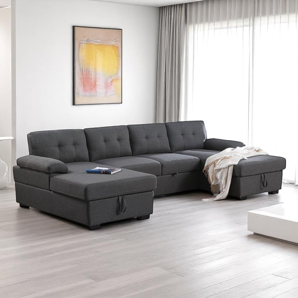 Lounza Fabric Upholstered Sectional Sofa Bed With Dual Corner Chaise - Grey
