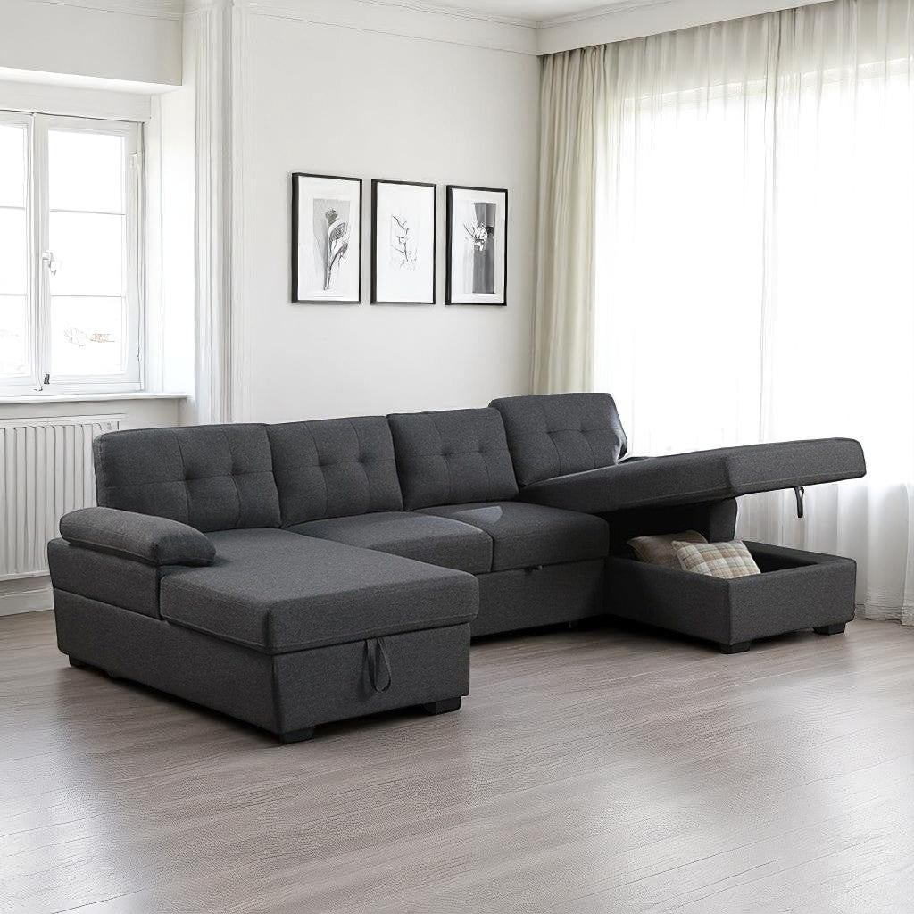 Lounza Fabric Upholstered Sectional Sofa Bed With Dual Corner Chaise - Grey