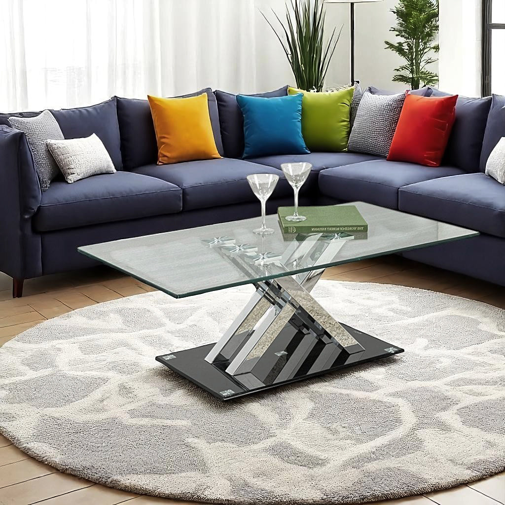 Zephyr Coffee Table With Tampered Glass Top & X-Shaped Metallic Base - Black/ Chrome