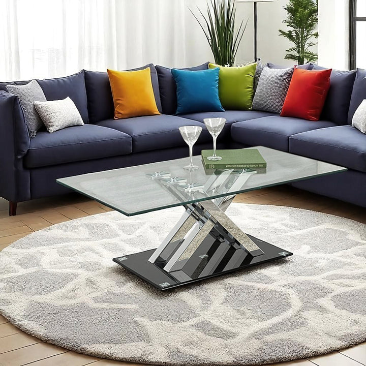 Zephyr Coffee Table With Tampered Glass Top & X-Shaped Metallic Base - Black/ Chrome