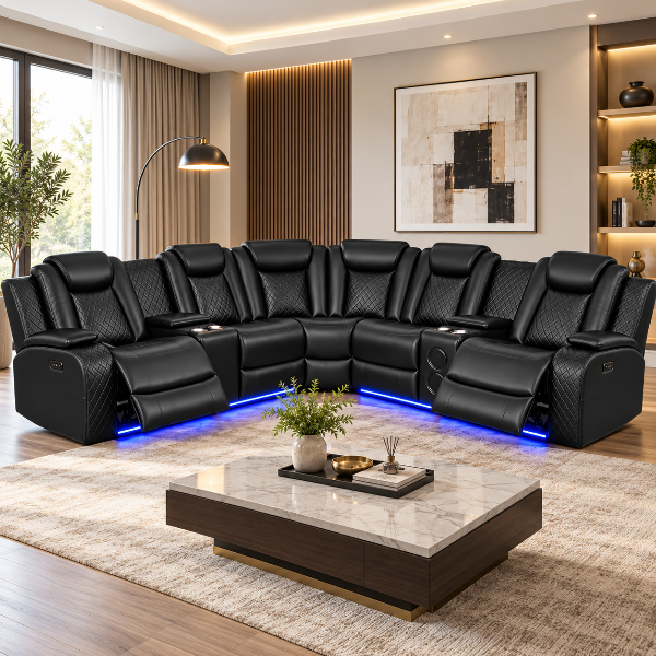 Finley 5-Seater Sectional Recliner In Leathaire Upholstery - Black | Power Recline, Wireless Charger, Bluetooth Speakers, Bottom LEDs, Cup Holders &amp; Storage Console