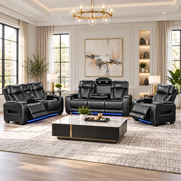 Soothey 3-Piece Power Recliner Set In Air Leather Upholstery - Black