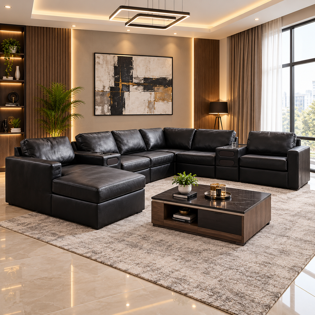 Modmax II 8-Piece Leather Upholstered Sectional Sofa With Corner Chaise &amp; Audio Console - Oyster | Signature Design By Ashley