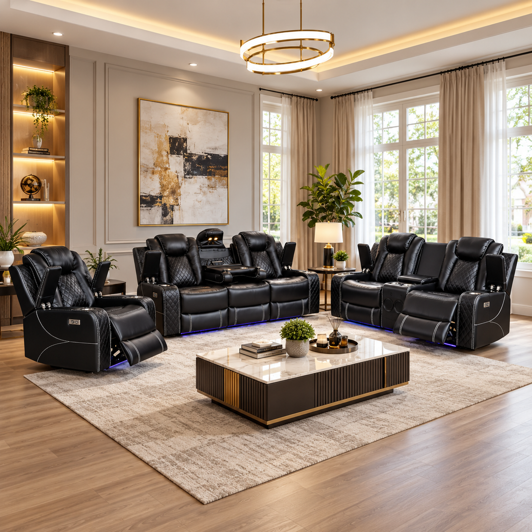 Halley 3-Piece Power Recliner Set In Air Leather Upholstery - Black