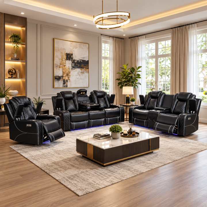 Halley 3-Piece Power Recliner Set In Air Leather Upholstery - Black