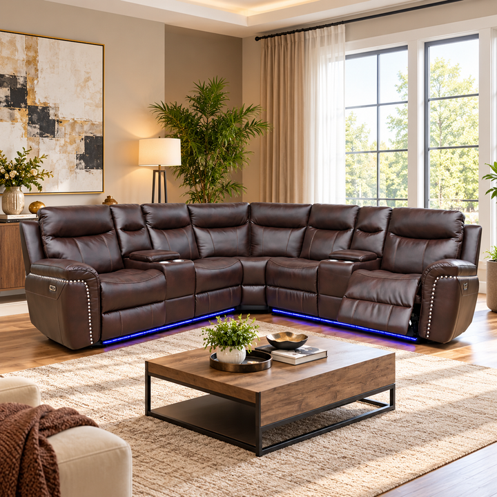 Maxwell Chocolate 5-Seater Power Recliner Sectional Sofa with LED Lights &amp; Storage Consoles