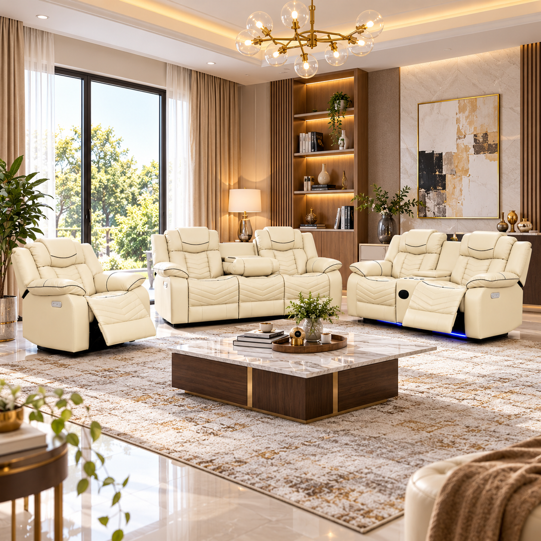 Mitchell 3-Piece Power Recliner Set In Air Leather Upholstery - Beige