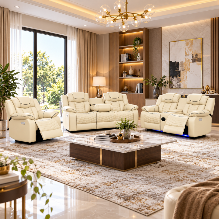 Mitchell 3-Piece Power Recliner Set In Air Leather Upholstery - Beige