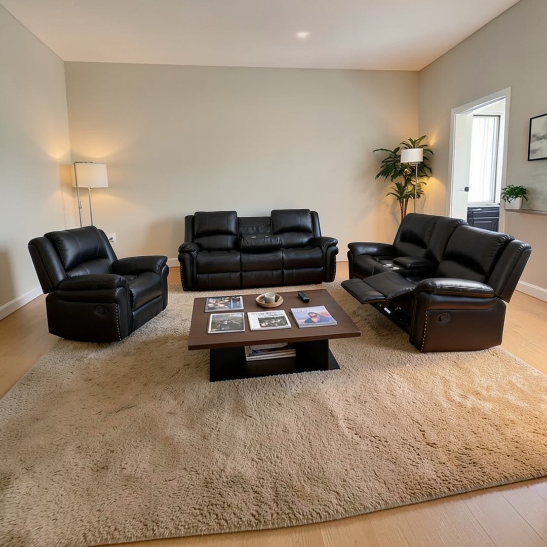 Alex 3-Piece Manual Recliner Set In Leathaire Upholstery - Black