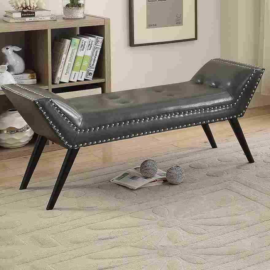 Grey Leather-Look Button Tufted Bench with Flared Wooden Legs and Nailhead Detailing