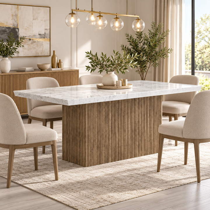 Fluk Wooden Dining Table With Marble Top - Grey/ White