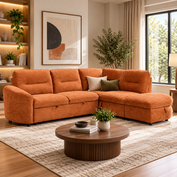 Stuart Burnt Orange Sleeper Sectional Sofa With Storage Chaise | Available In RHF/ LHF Configuration