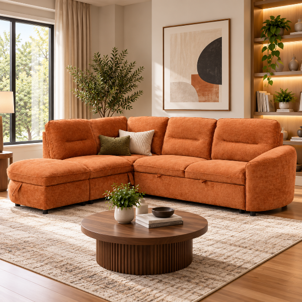Stuart Burnt Orange Sleeper Sectional Sofa With Storage Chaise | Available In RHF/ LHF Configuration