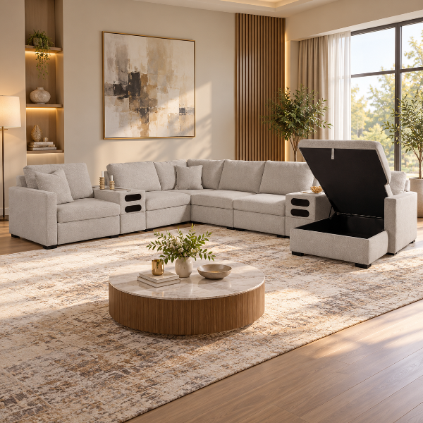 Modmax Luxe 8-Piece Fabric Upholstered Sectional Sofa With Storage Chaise &amp; Audio System Console - Flint | Benchcraft By Ashley