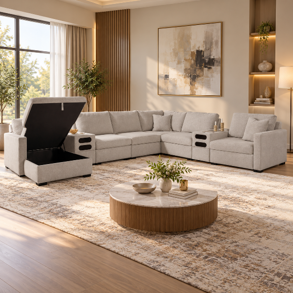 Modmax Luxe 8-Piece Fabric Upholstered Sectional Sofa With Storage Chaise &amp; Audio System Console - Flint | Benchcraft By Ashley