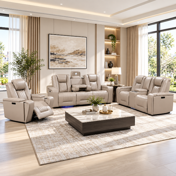 Vogue 3-Piece Power Recliner Set In Leathaire Upholstery - Warm Grey