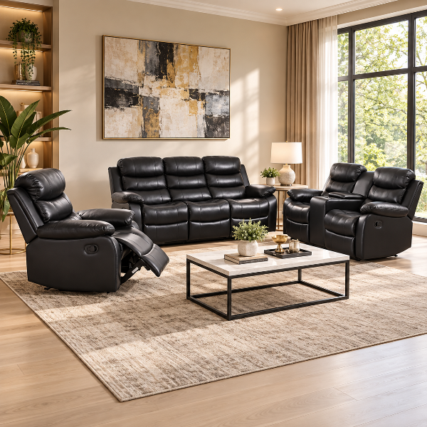 Sierra 3-Piece Manual Recliner Set In Air-Leather Upholstery - Black