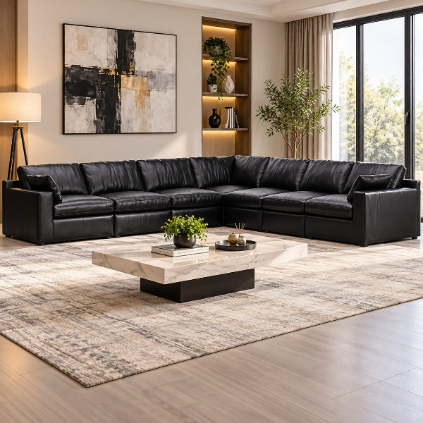 30902S6 Emilia 7-Piece Sectional Sofa In Leather Upholstery - Black | Signature Design By Ashley
