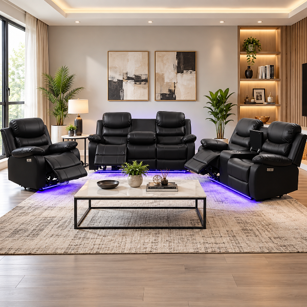 Sierra 3-Piece Power Recliner Set In Air-Leather Upholstery - Black