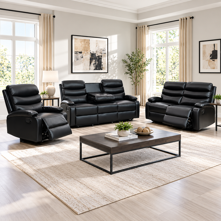 Stanford 3-Piece Manual Recliner Set In Air Leather Upholstery - Black
