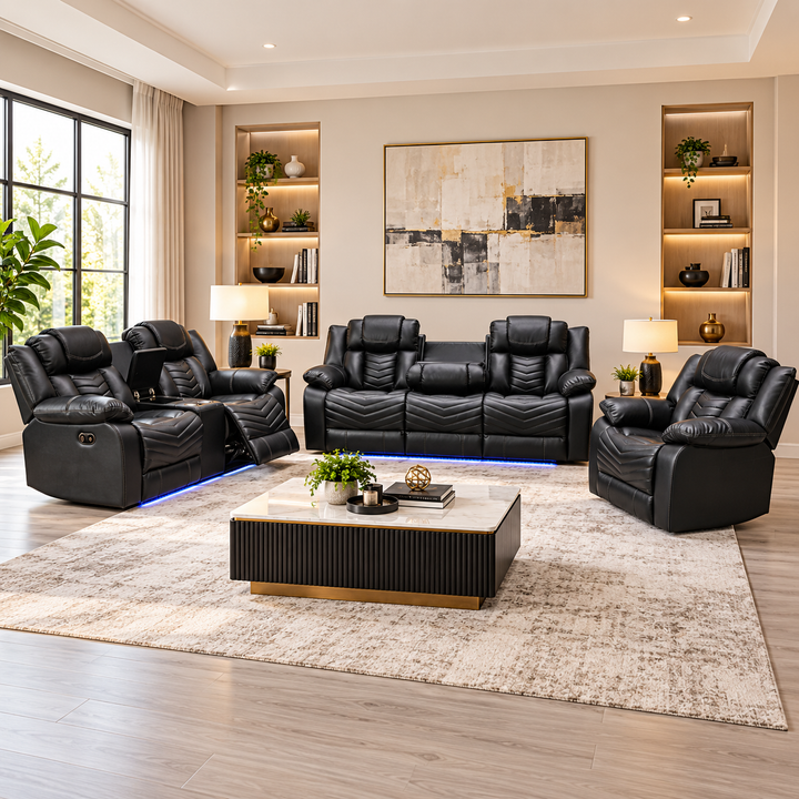 Mitchell 3-Piece Power Recliner Set In Air Leather Upholstery - Black