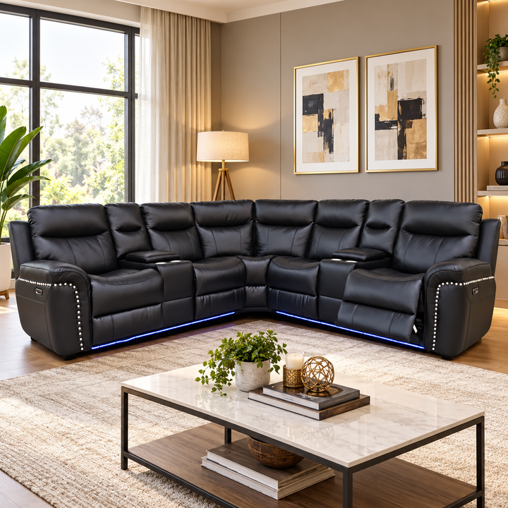 Maxwell 5-Seater Sectional Power Recliner In Gel Leather Upholstery - Black