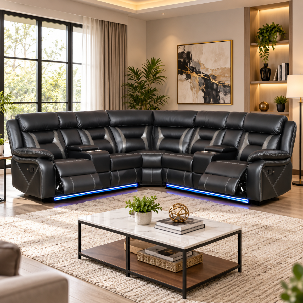 Aries 5-Seater Manual Sectional Recliner In Air Leather Upholstery - Black