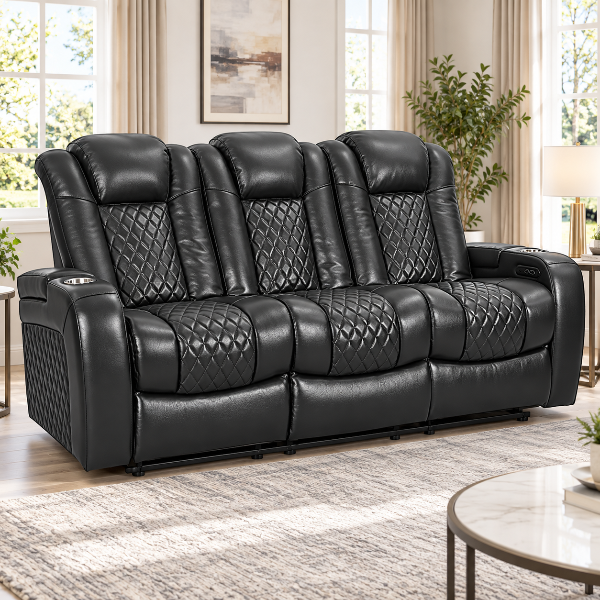 Pulse Power Recliner Sofa With Bottom LED Lighting - Midnight Black