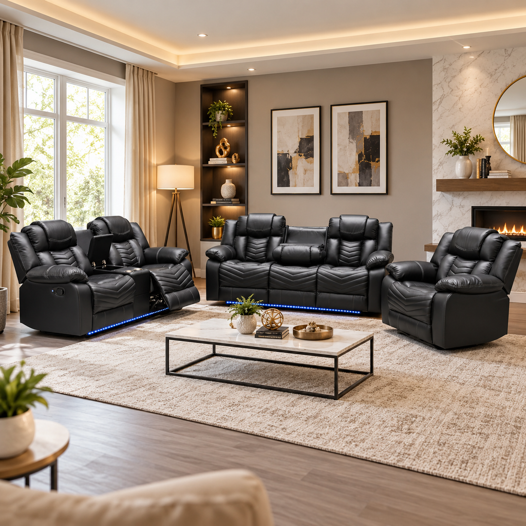 Mitchell 3-Piece Manual Recliner Set In Air Leather Upholstery - Black