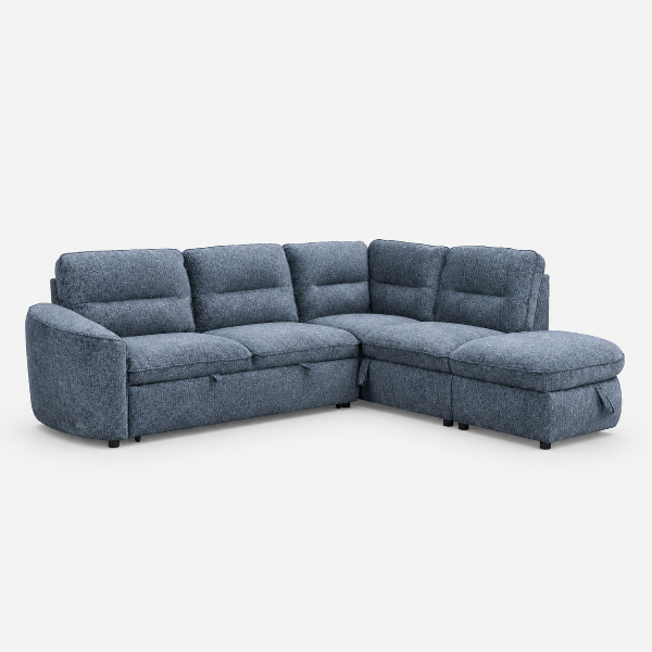 Stuart Blue Sleeper Sectional Sofa With Storage Chaise | Available In RHF/ LHF Configuration