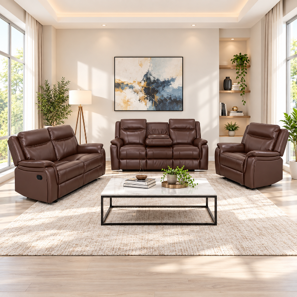 Hilton 3-Piece Manual Recliner Set In Air Leather Upholstery - Brown