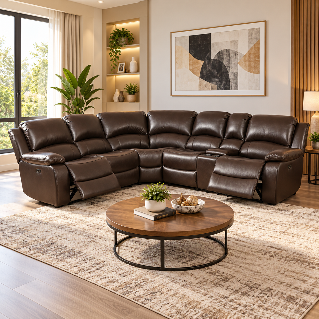 Colton 5-Seater Sectional Recliner In Genuine Leather Match Upholstery - Chocolate