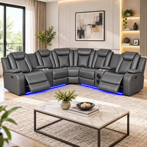 Finley 5-Seater Sectional Recliner In Leathaire Upholstery - Grey | Power Recline, Wireless Charger, Bluetooth Speakers, Bottom LEDs, Cup Holders &amp; Storage Console