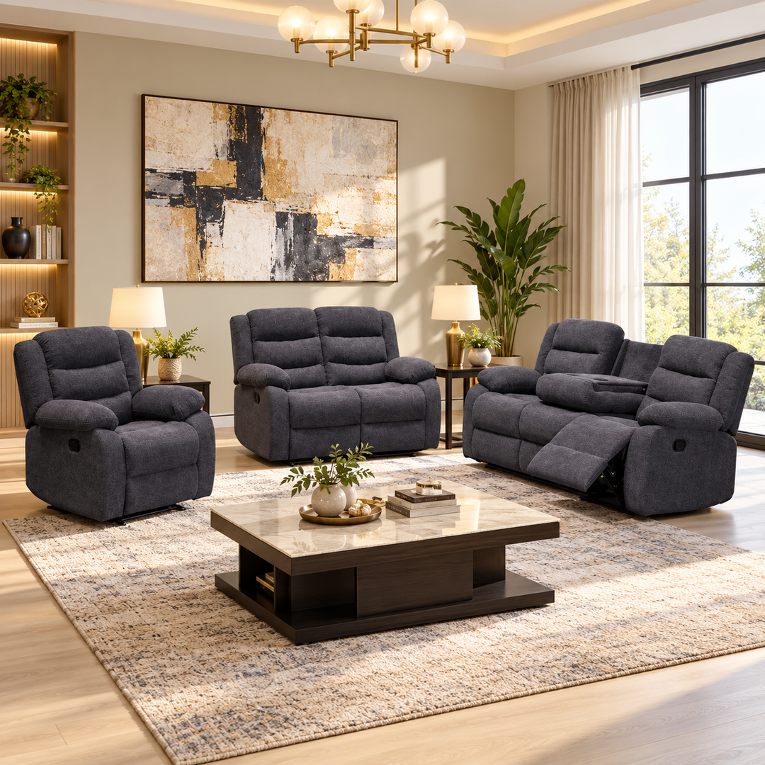 Lisa 3-Piece Manual Recliner Set In Fabric Upholstery - Grey