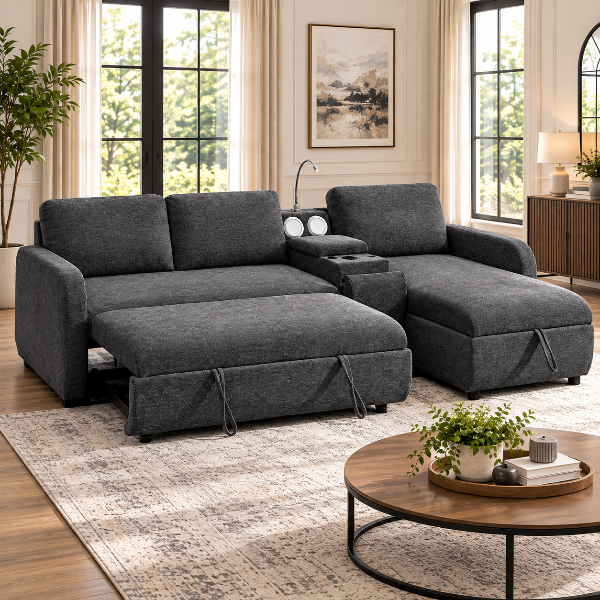 Michi Dark Grey Sectional Sofa Bed With Reversible Storage Chaise &amp; Console