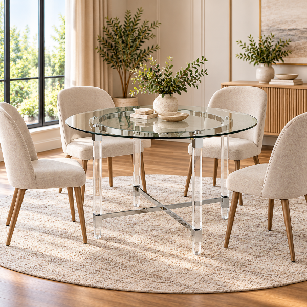Vizk Tempered Glass Silver Dining Table With Metallic Base