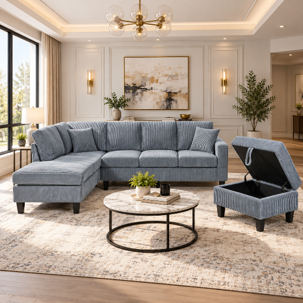Jerry Grey Fabric Upholstered Sectional Sofa With Reversible Chaise &amp; Ottoman