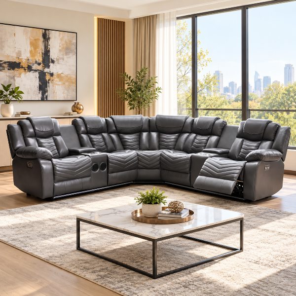 Mitchell 5-Seater Power Recliner Sectional In Air Leather Upholstery - Grey
