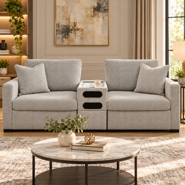 68605S10 Modmax Luxe 3-Piece Fabric Upholstered Sectional Loveseat With Audio System Console - Flint | Benchcraft By Ashley