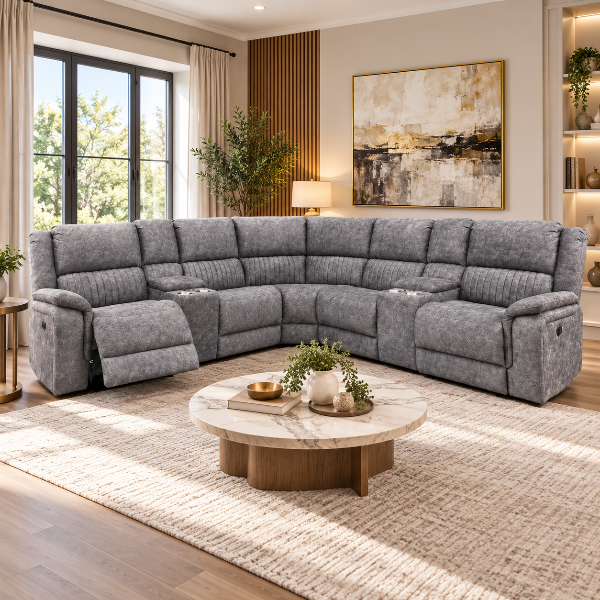 Nimbus 5-Seater Power Recliner Sectional In Fabric Upholstery - Grey | Wireless Charger, Cup Holders &amp; Storage Console