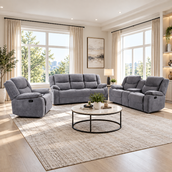 Sierra 3-Piece Manual Recliner Set In Fabric Upholstery - Grey