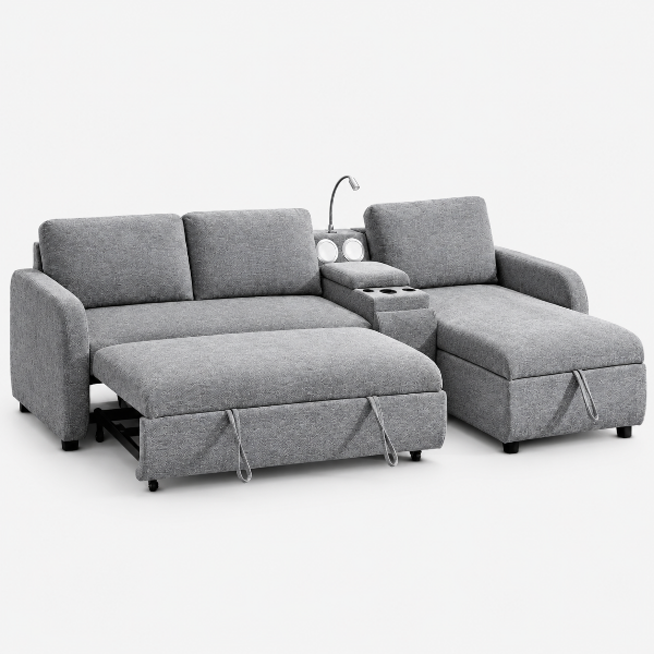 Michi Light Grey Sectional Sofa Bed With Reversible Storage Chaise &amp; Console