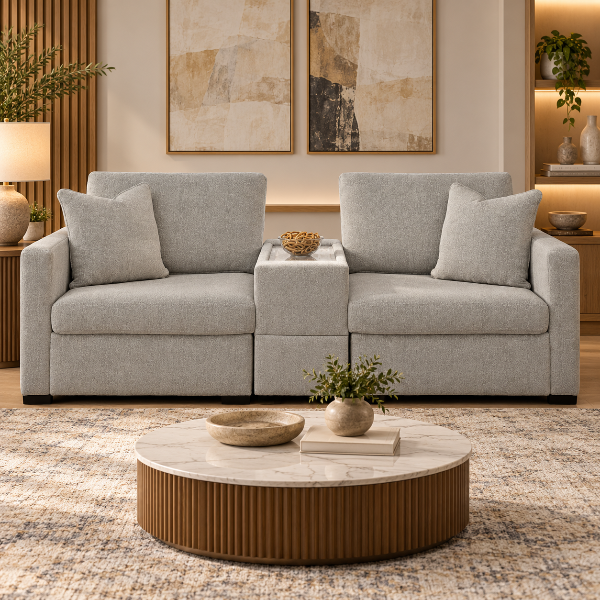 68605S3 Modmax Luxe 3-Piece Fabric Upholstered Sectional Loveseat With Storage Console - Flint | Benchcraft By Ashley