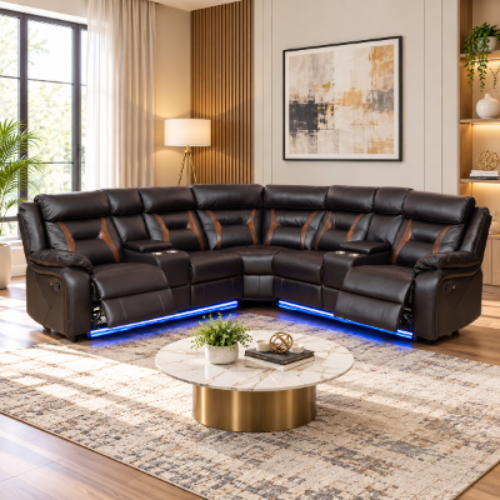 Aries 5-Seater Manual Sectional Recliner In Air Leather Upholstery - Brown